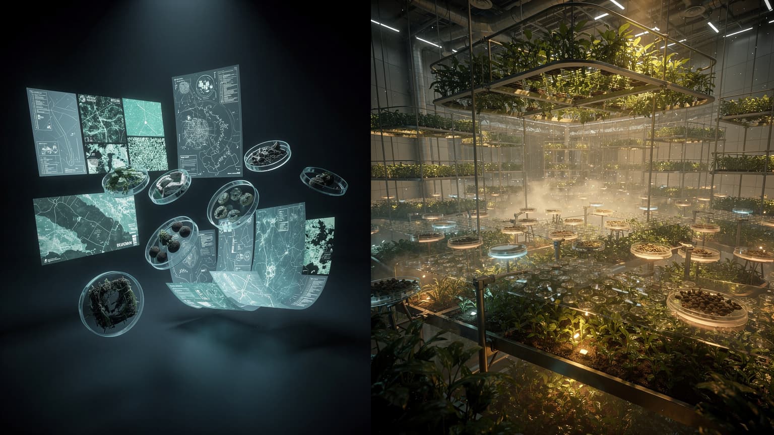 A split scene contrasting cold research artefacts with a stable, validated agro-climatic-zone landscape